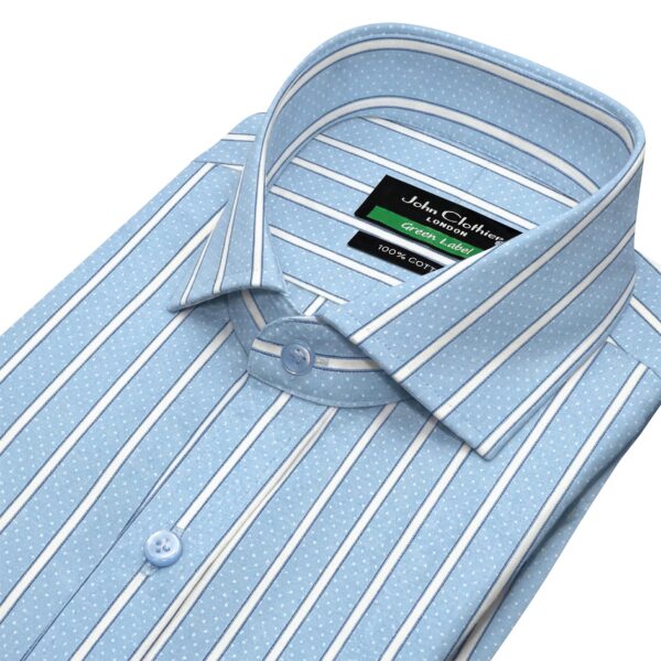 Blue White Dot Stripes Cutaway Collar Men's 100% Cotton Shirt