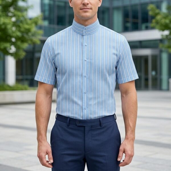 Blue White Dot Stripes Short Sleeves High Band 2 Button Collar Men's 100% Cotton Shirt