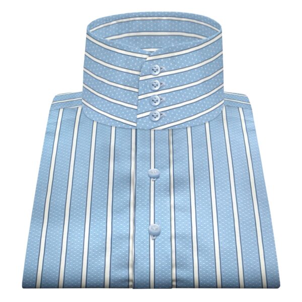 Blue White Dot Stripes High Band 4 Button Collar Men's 100% Cotton Shirt