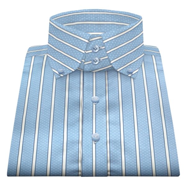 Blue White Dot Stripes High Button Down 2 Button Collar Men's 100% Cotton Shirt