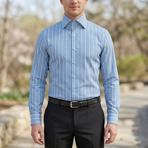Blue White Dot Regency Stripes High Cutaway 6 Button Collar Men's 100% Cotton Shirt