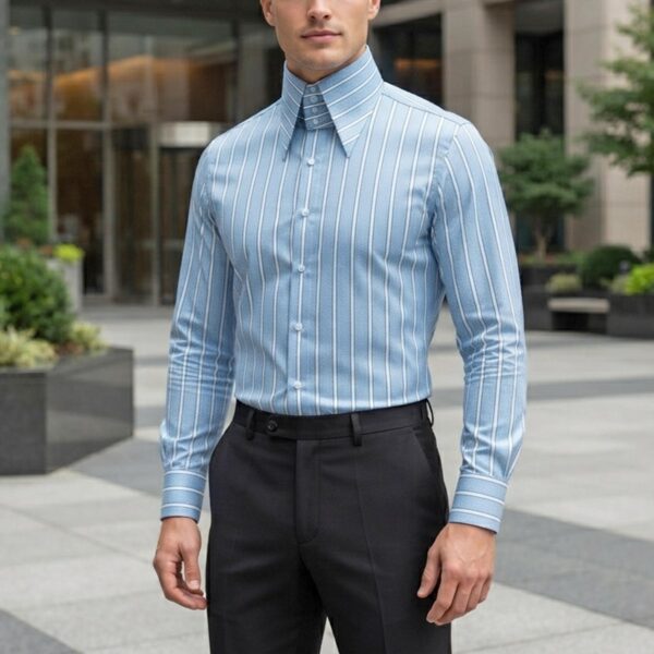 Men's 100% Cotton Shirt Blue White Dot Regency Stripes High Long Point 4 Button Collar