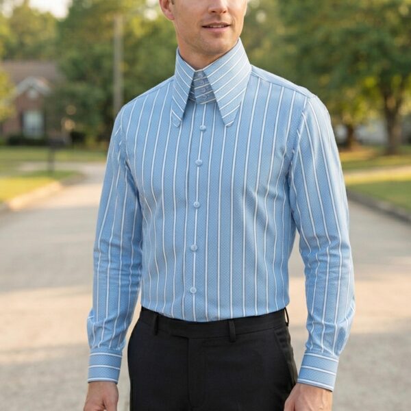 Blue White Dot Regency Stripes High Long Round Tip 4 Button Collar