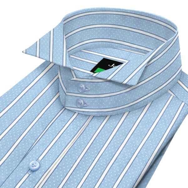 Men's 100% Cotton Blue White Dot Stripes High Wing 2 Button Collar Shirt