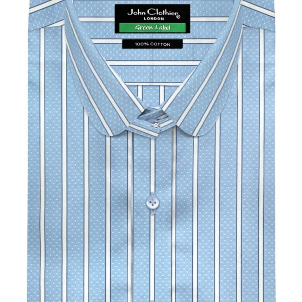 Men's 100% Cotton Blue White Dot Regency Stripes Penny Tab Collar Shirt