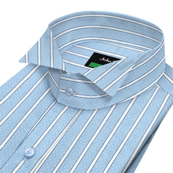Blue White Dot Regency Stripes Wing Tip Collar Men's 100% Cotton Shirt