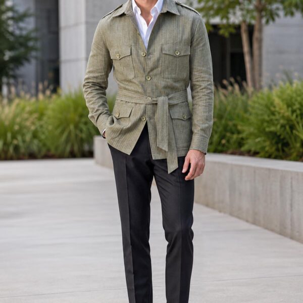 Men's Olive Green Stripes Cotton-Linen Safari Shacket