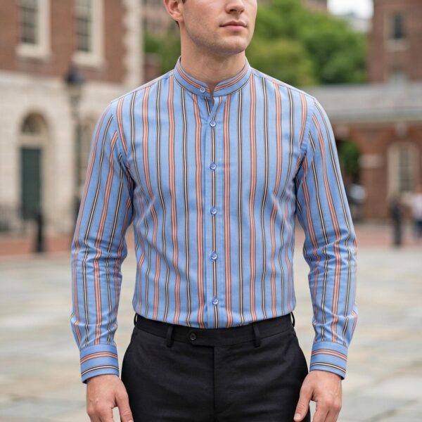 Men's Blue Red Multi Stripes Band Collar