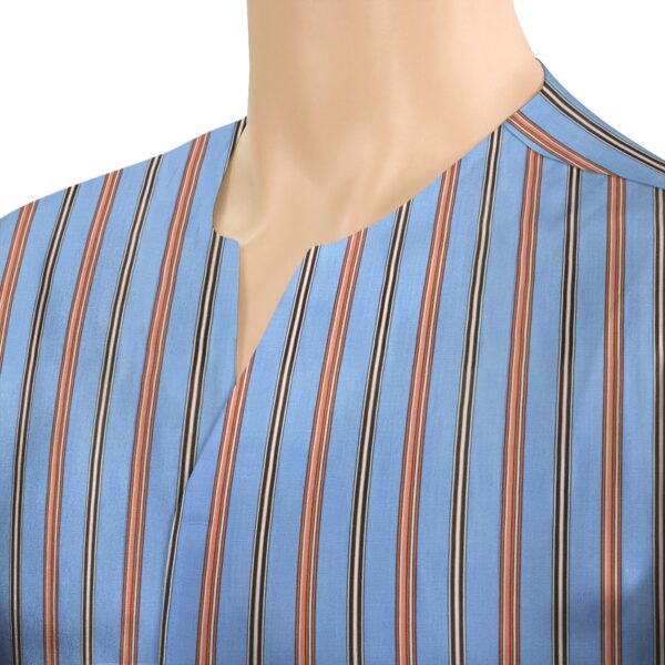 Men's Blue Red Multi Stripes Collarless Open V Neck