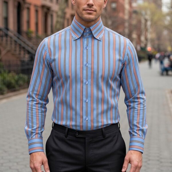 Men's Blue Red Multi Stripes High Button Down 2 Button Collar
