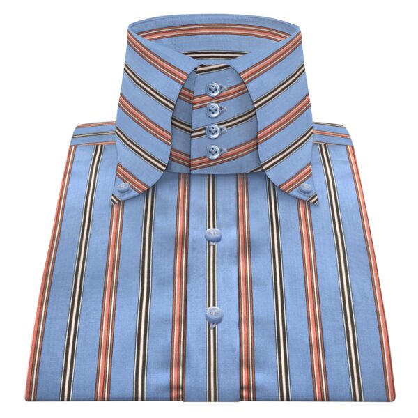Blue Red Multi Stripes High Button Down 4 Button Collar