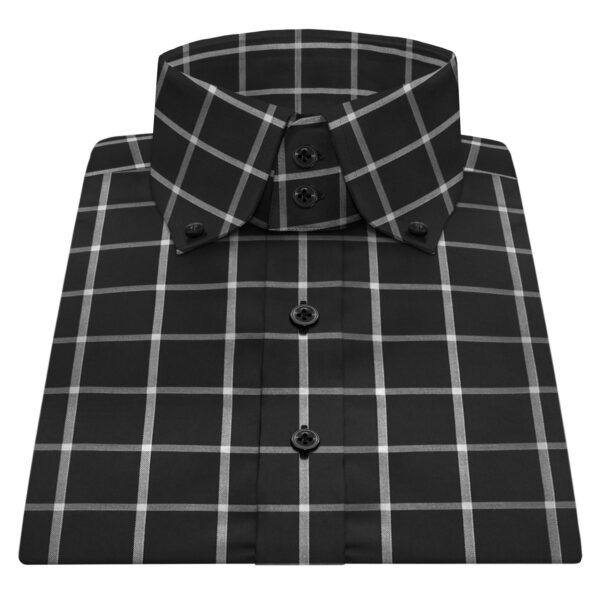 Men's Black Wide Checks High Button Down 2 Button Collar