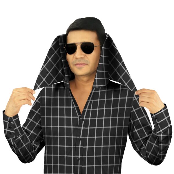 Men's Black Wide Checks High Face Cover Collar 100% Cotton Shirt