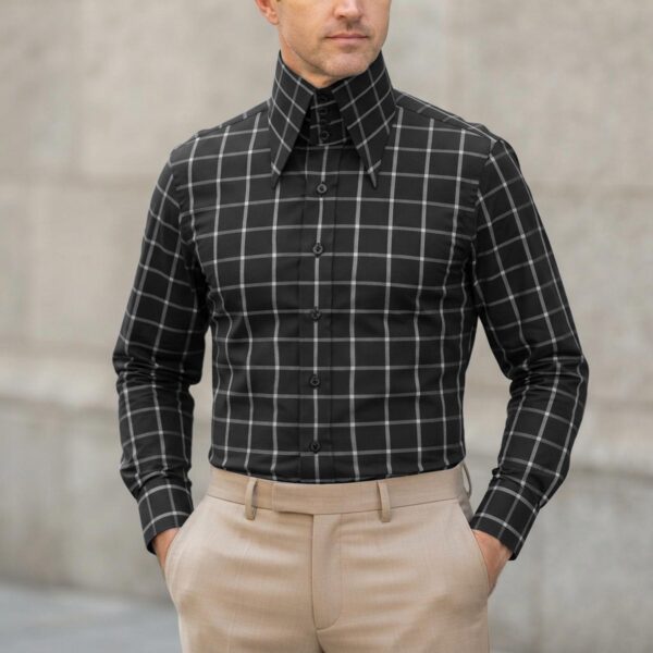 Men's Black Wide Checks High Long Point 4 Button Collar 100% Cotton Shirt