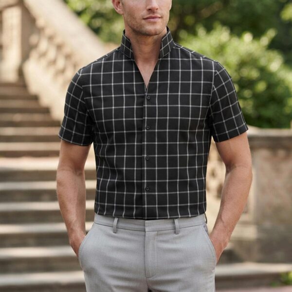 Men's Black Wide Checks High Open Collar